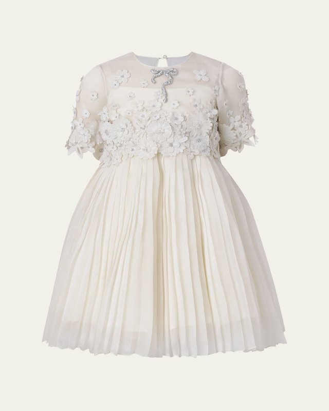 Girl's Leonie Pleated Floral Applique Mini Dress, Size 12-14
